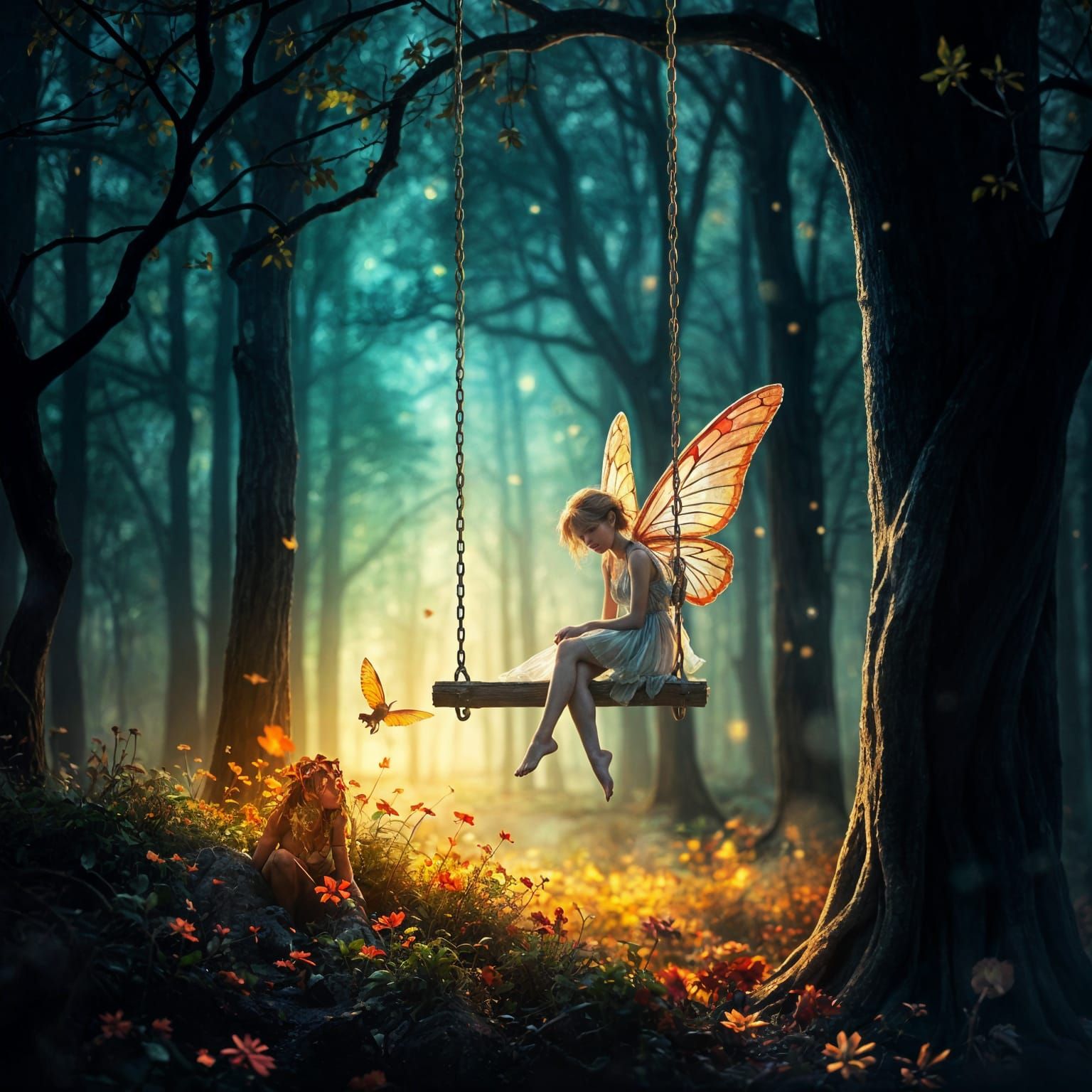 Fairy on Heavenly Swing in Magical Forest
