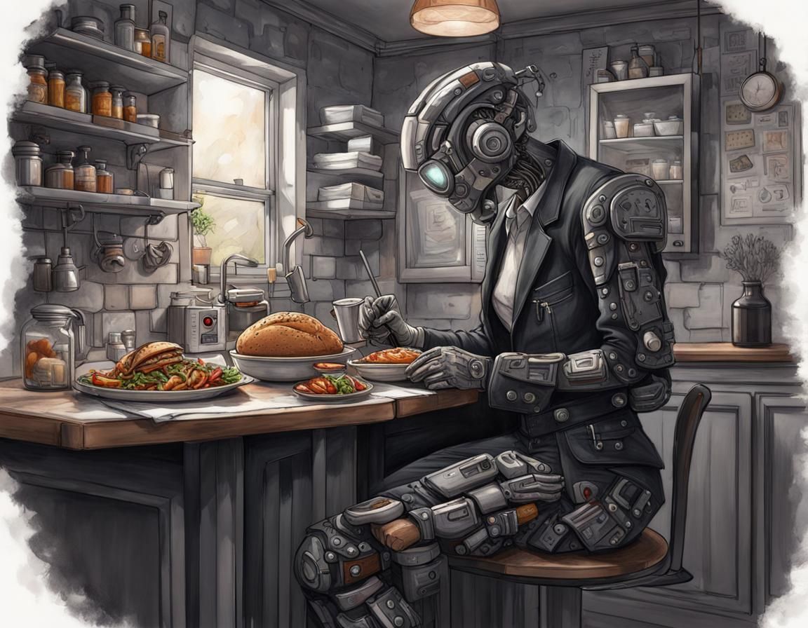 Robot Butler Serving Food: Detailed Gouache Pencil Sketch