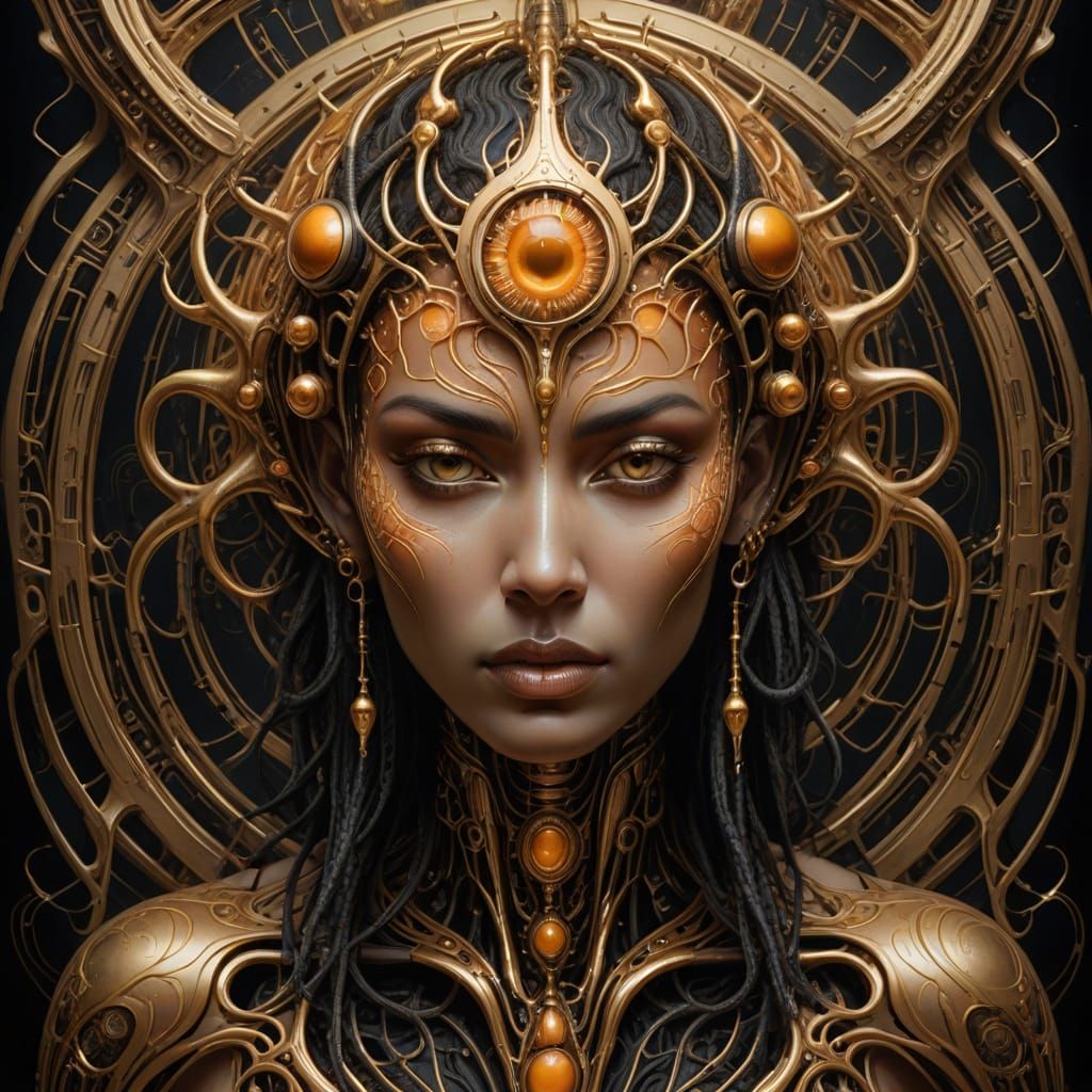 Surreal Gold Fruit in Futuristic Tribal Tattoo Portrait