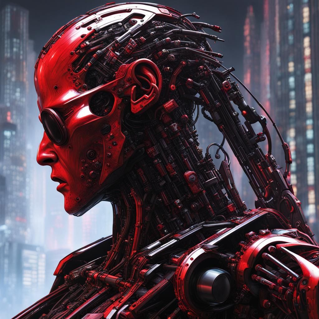 Hyperrealistic Sentinel Machines in Black and Red