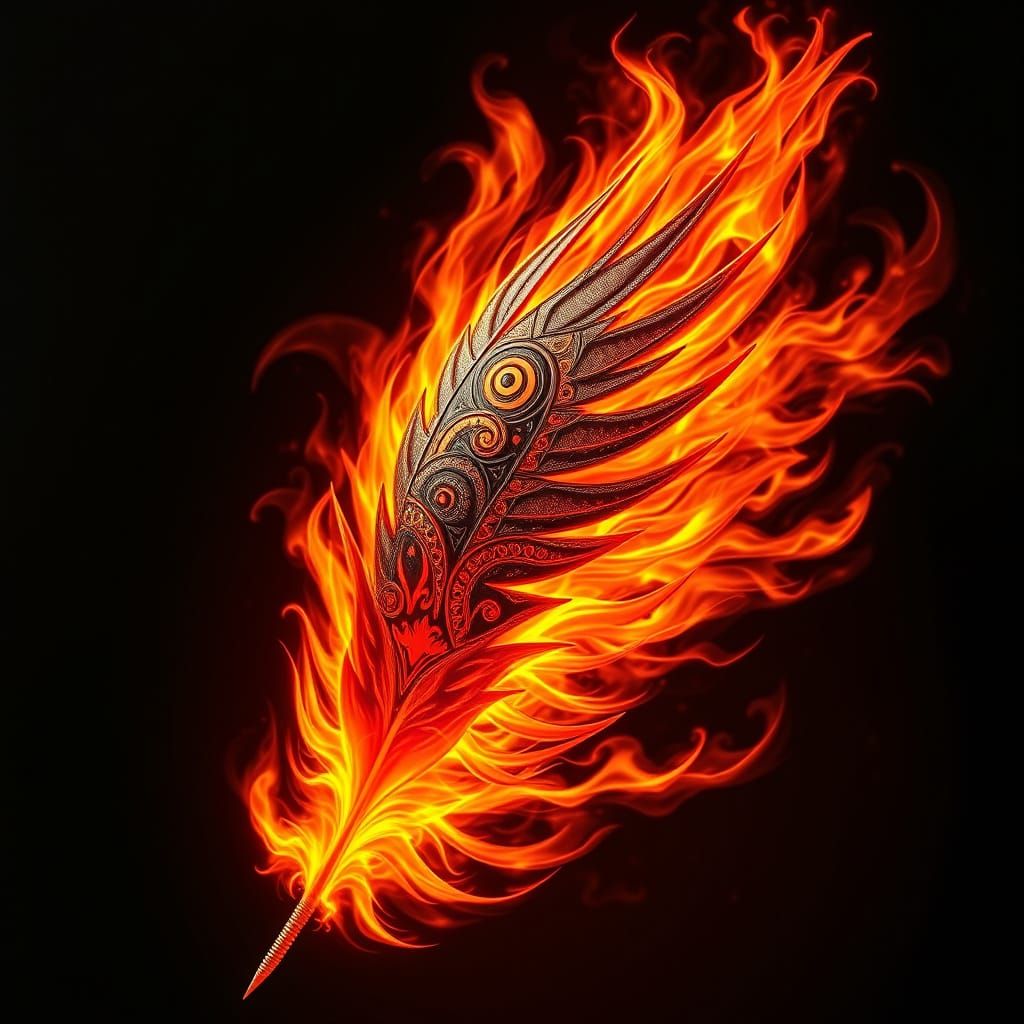 Flaming Eagle Feather with Tribal Patterns in Giger-esque St...
