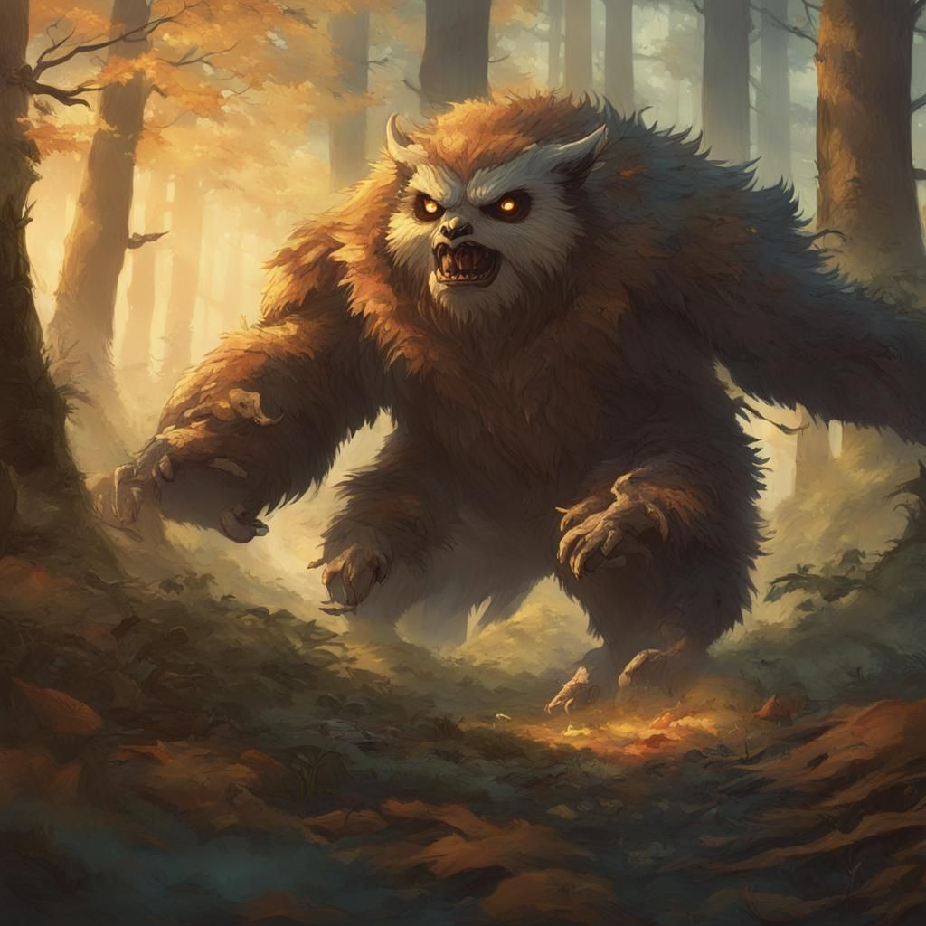 Owlbear Attack in Misty Forest, Digital Art