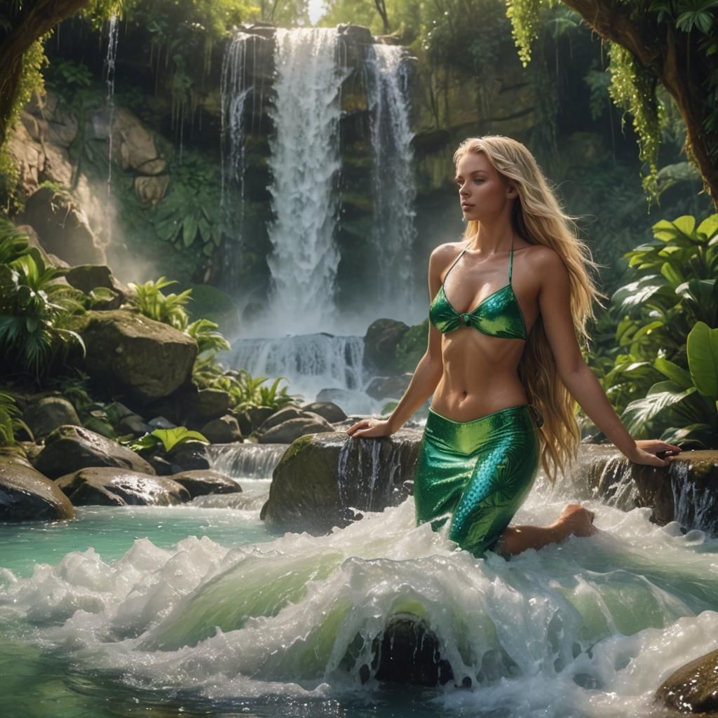 Tropical Waterfall: Blonde in Latex Bikini at Sunrise