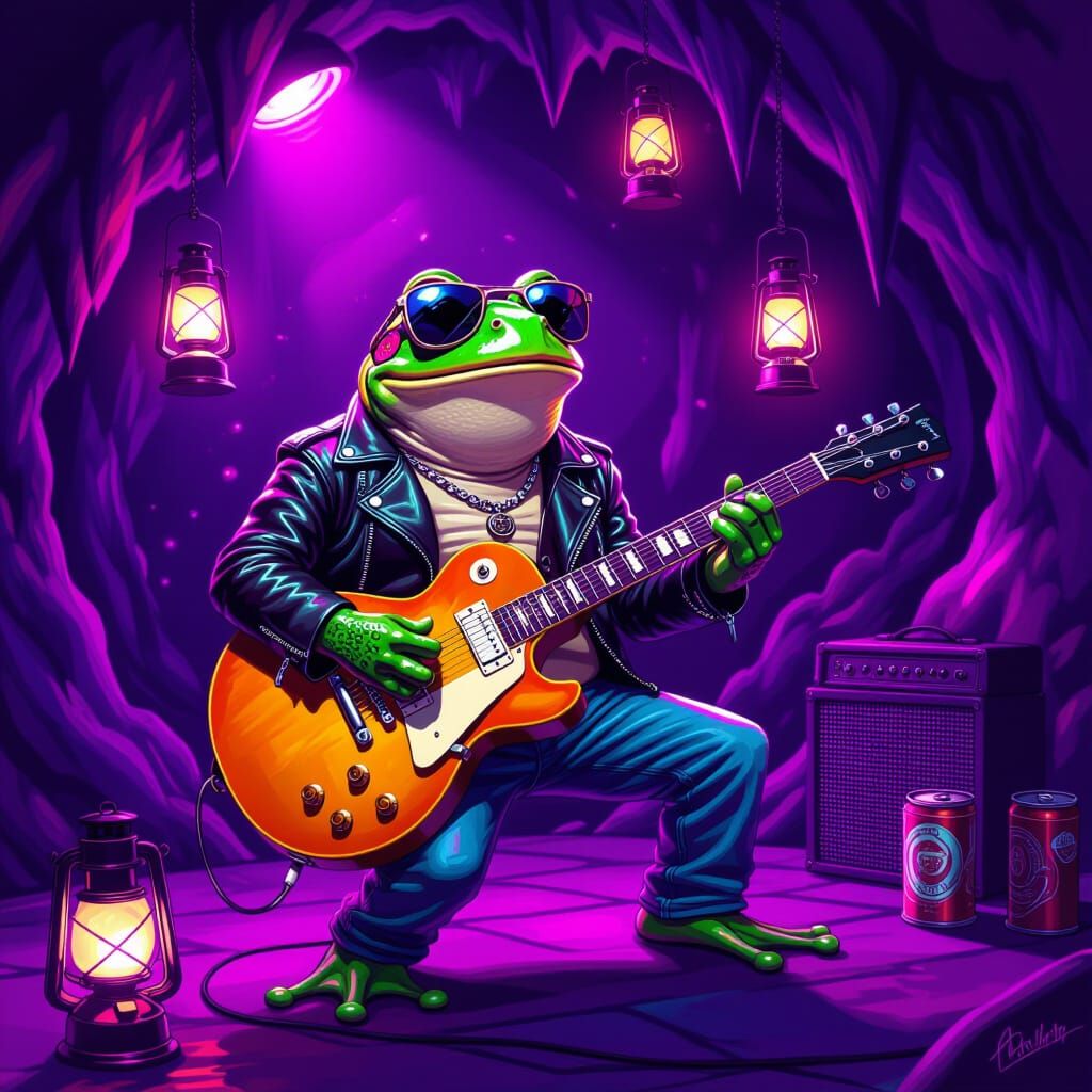 Psychedelic Bullfrog Plays Guitar in Neon Cave