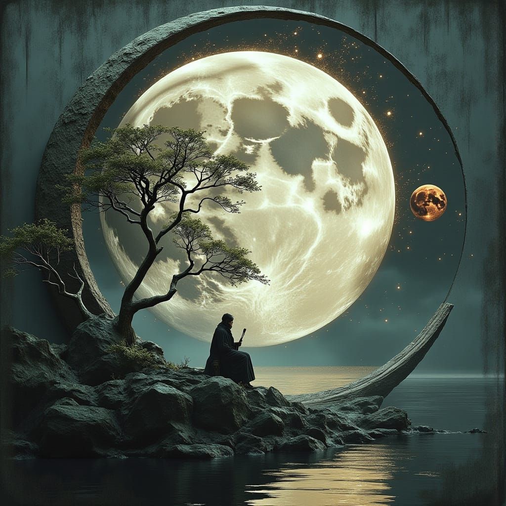 Surreal Fantasy Scene with Crescent Moon, Tree, Fisherman, a...