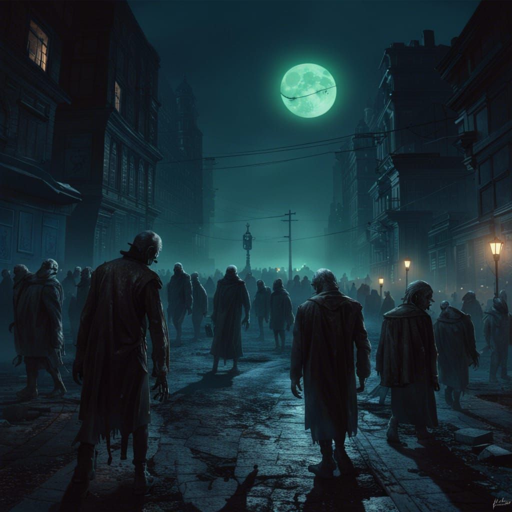 Zombies Invade City at Night in Horror Style