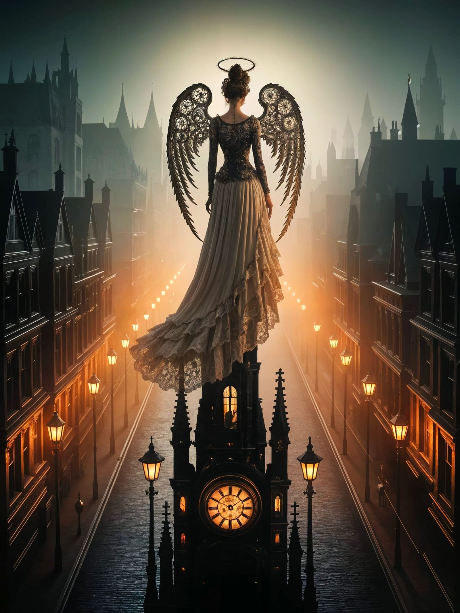 Steampunk Angel Watches Over a Victorian City in Golden Ligh...