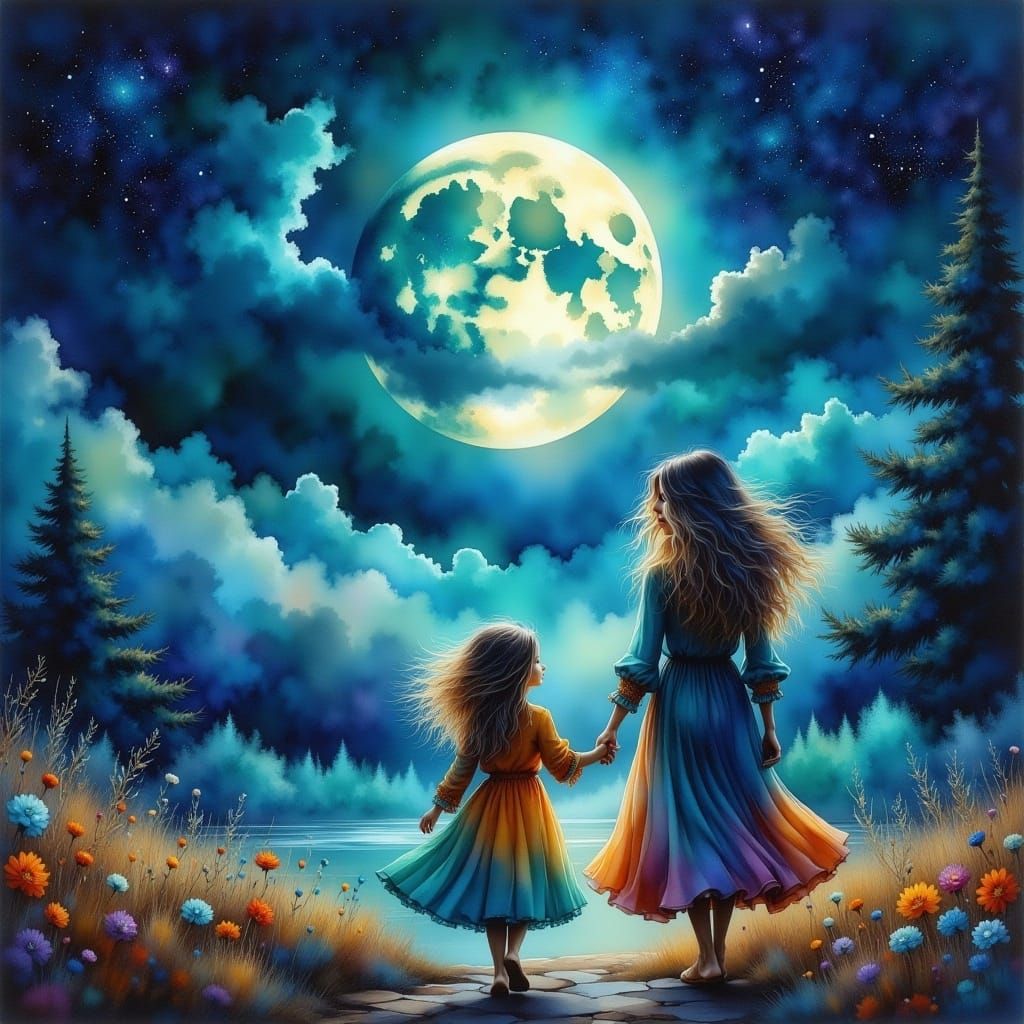 Luminous Moonlit Walk: Mother and Daughter in Watercolor