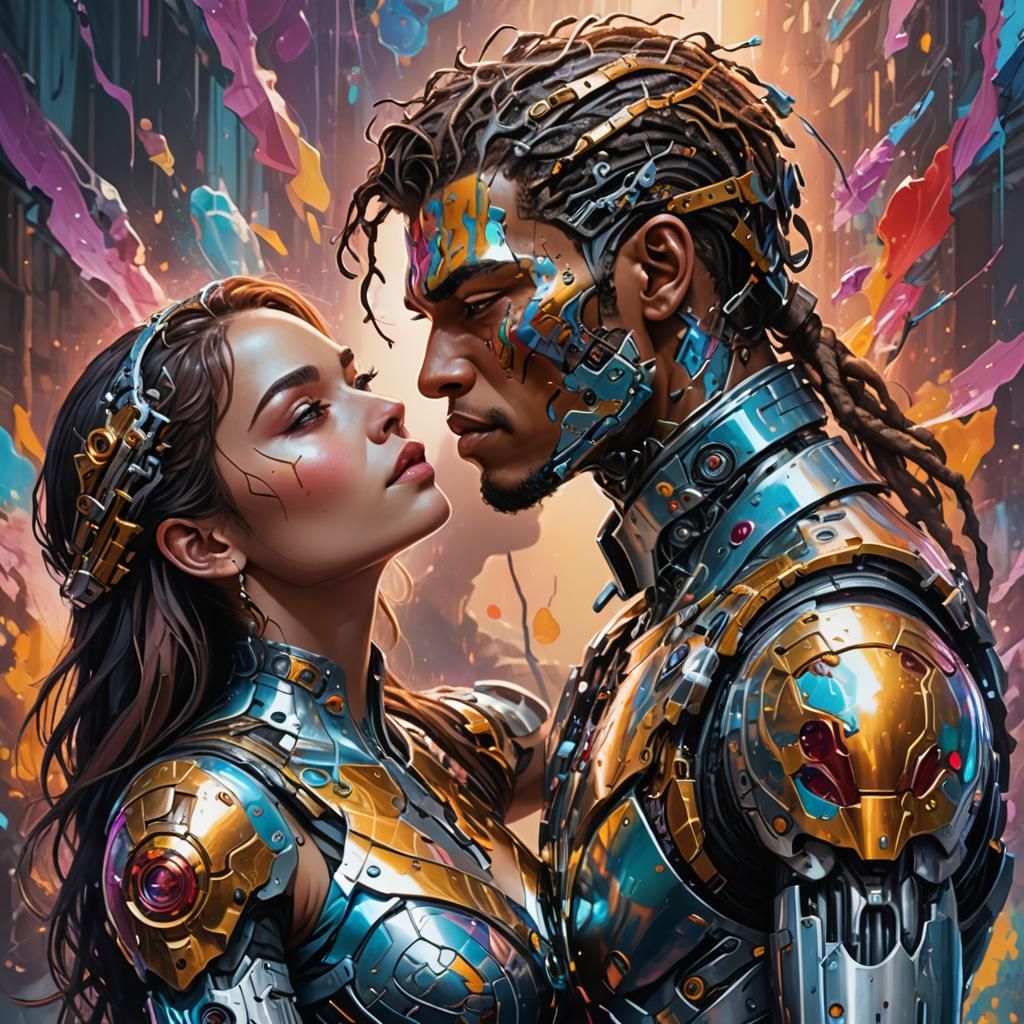 Cyborg Woman and Prince in Love: Hyperrealistic Art