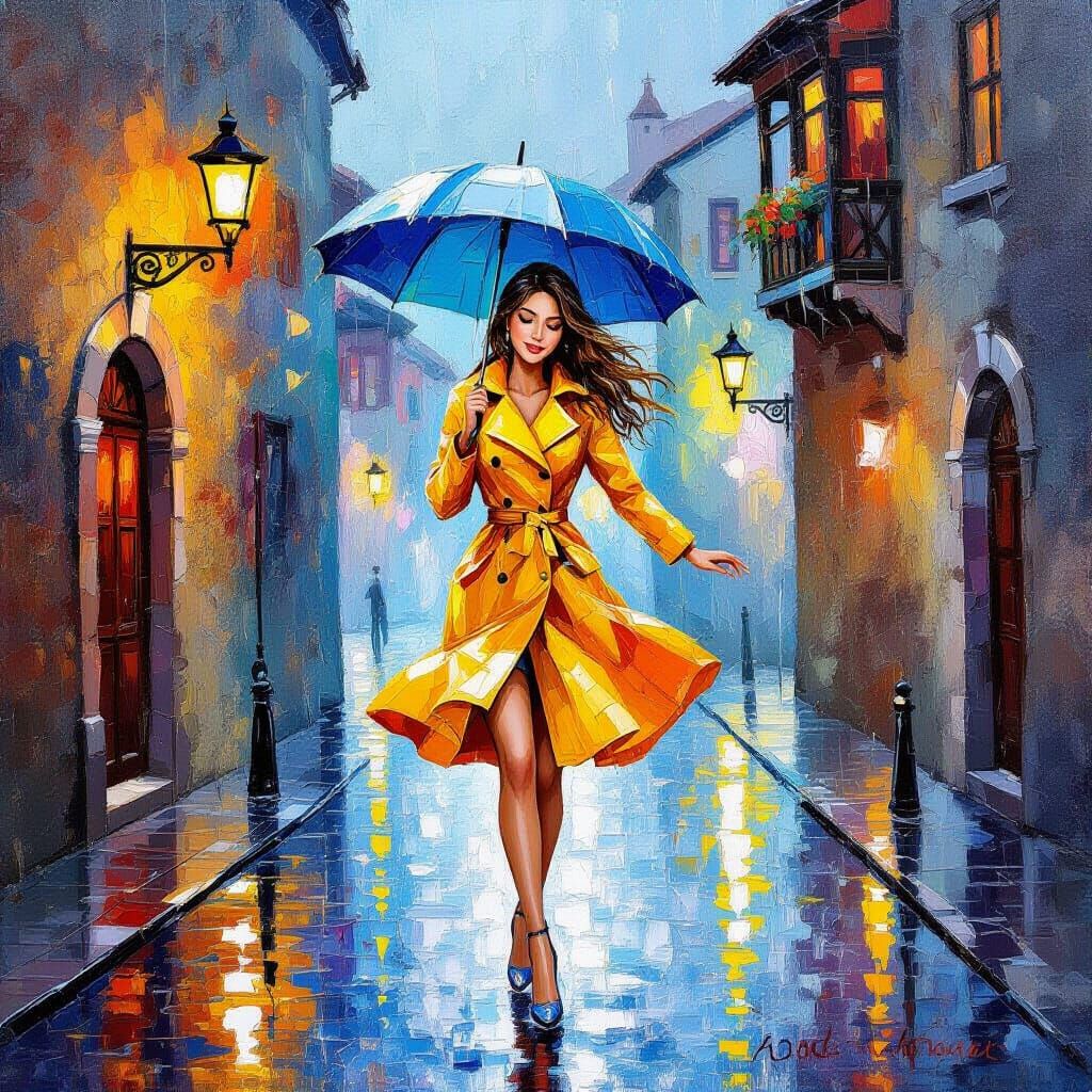 Woman Dancing in Rainy European Street, Impasto Painting
