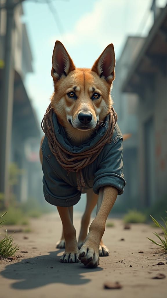 Decidido Perro con Ropa Rasgada en Calle Desolada