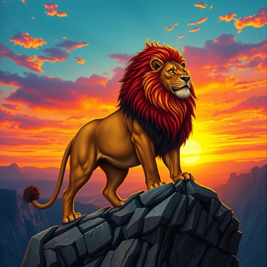 Lion with Flaming Mane at Sunset, Art Nouveau