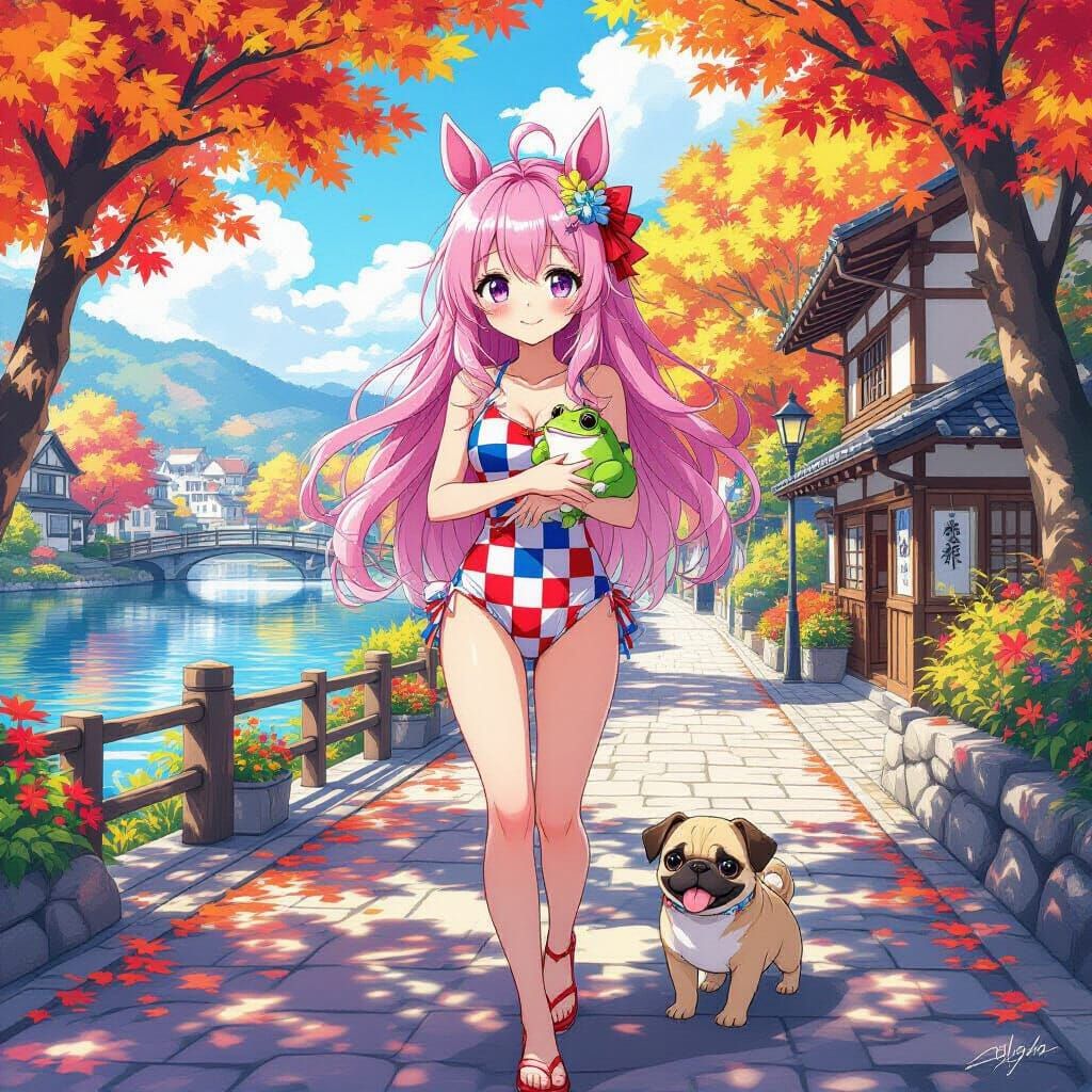 Anime Girl with Pink Hair and Horse Ears by a Lake