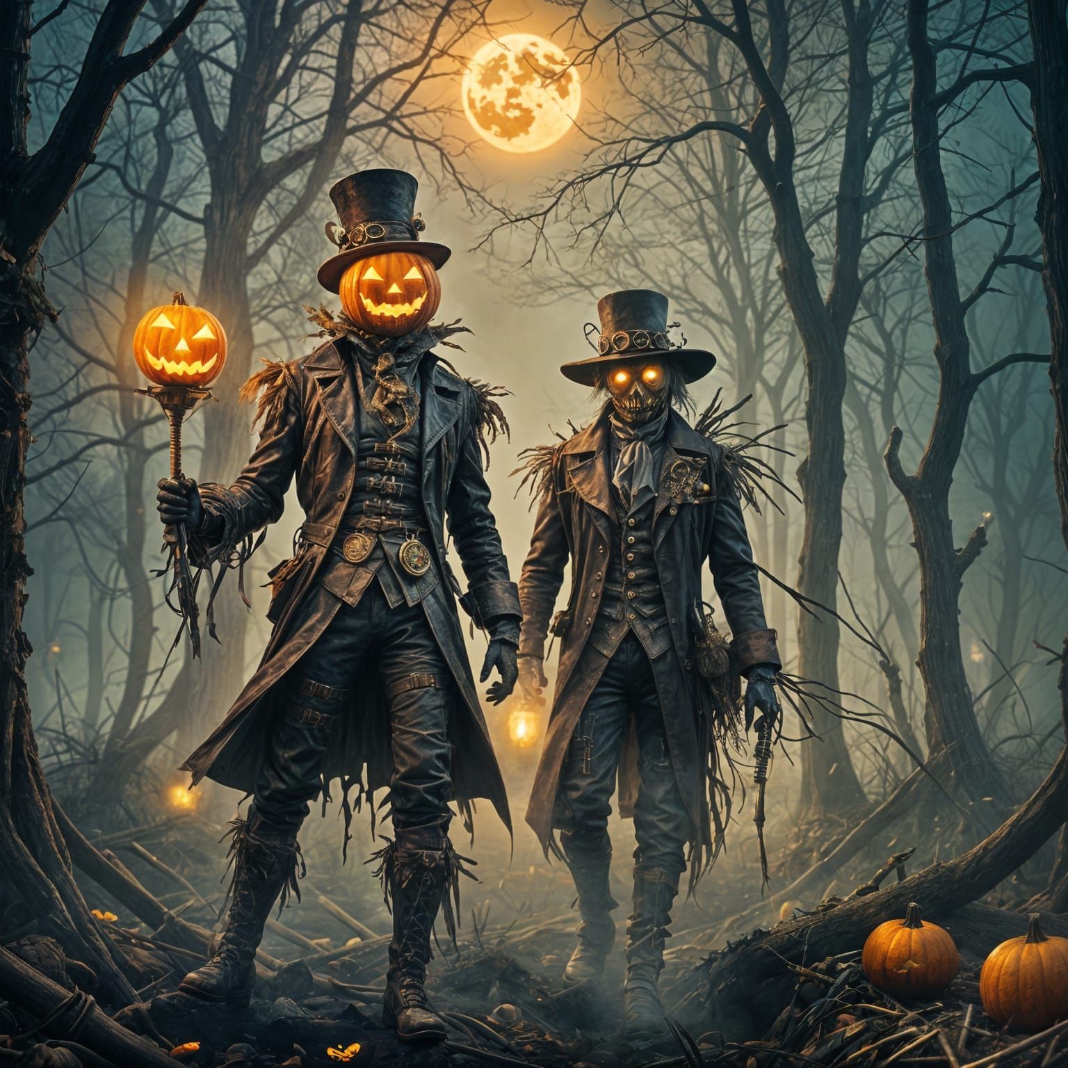 Steampunk Scarecrow with Pumpkin Head: Halloween Art