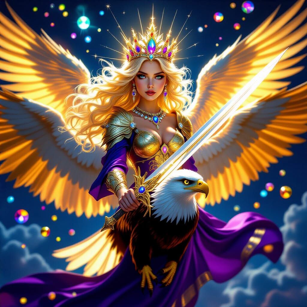 Majestic Angel on Golden Eagle in Indigo Sky