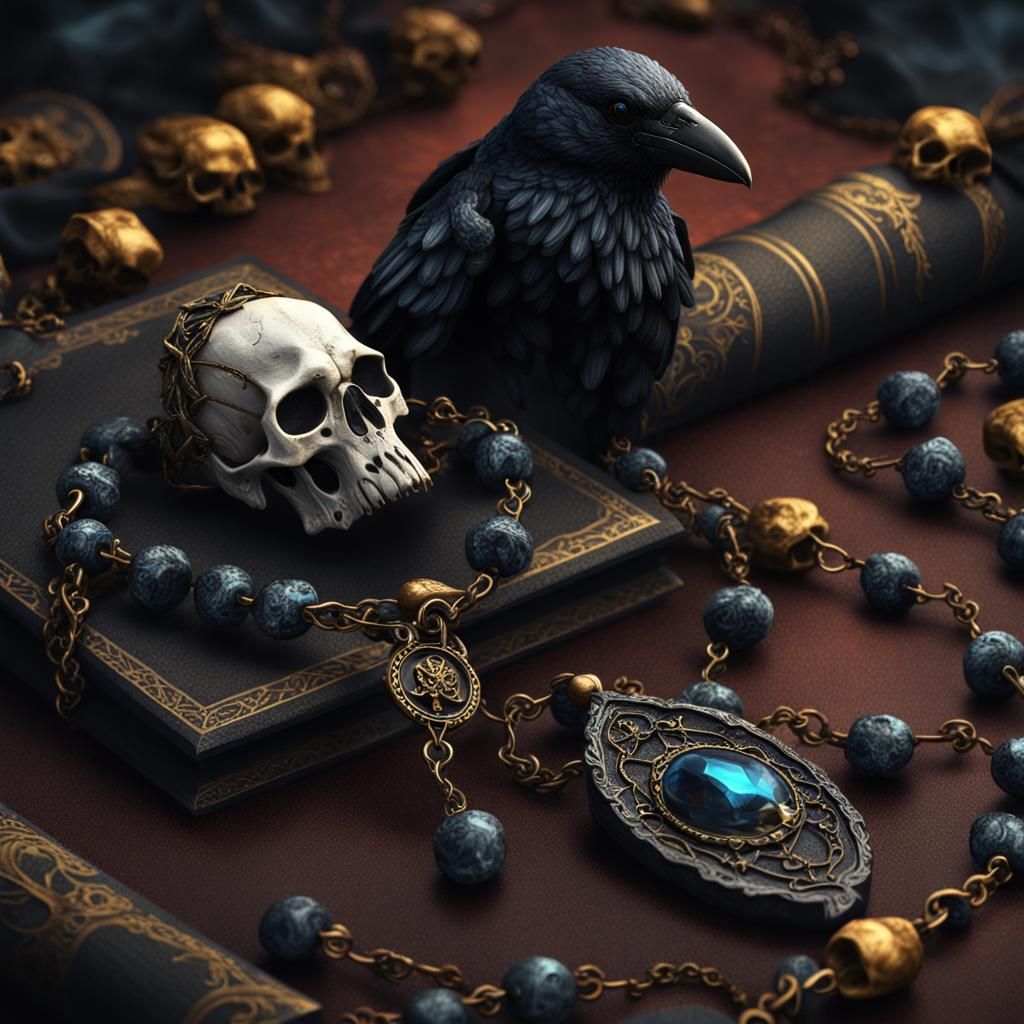 Dark Fantasy Raven Skull Rosary: Detailed Matte Painting