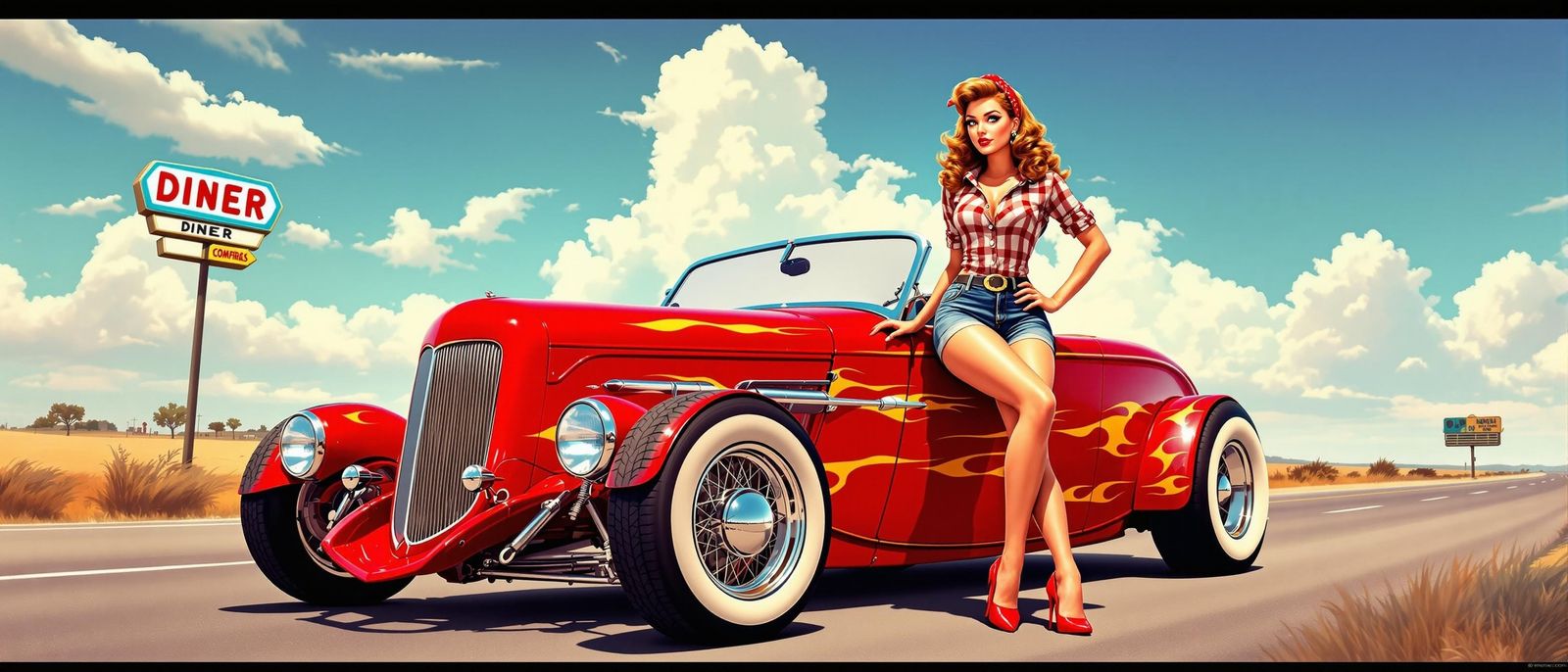 Rockabilly Pin-Up Girl on a Hot Rod, Vintage Style