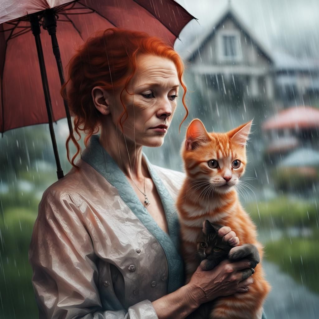 Ginger Kitten in Rain with Woman, Photorealistic
