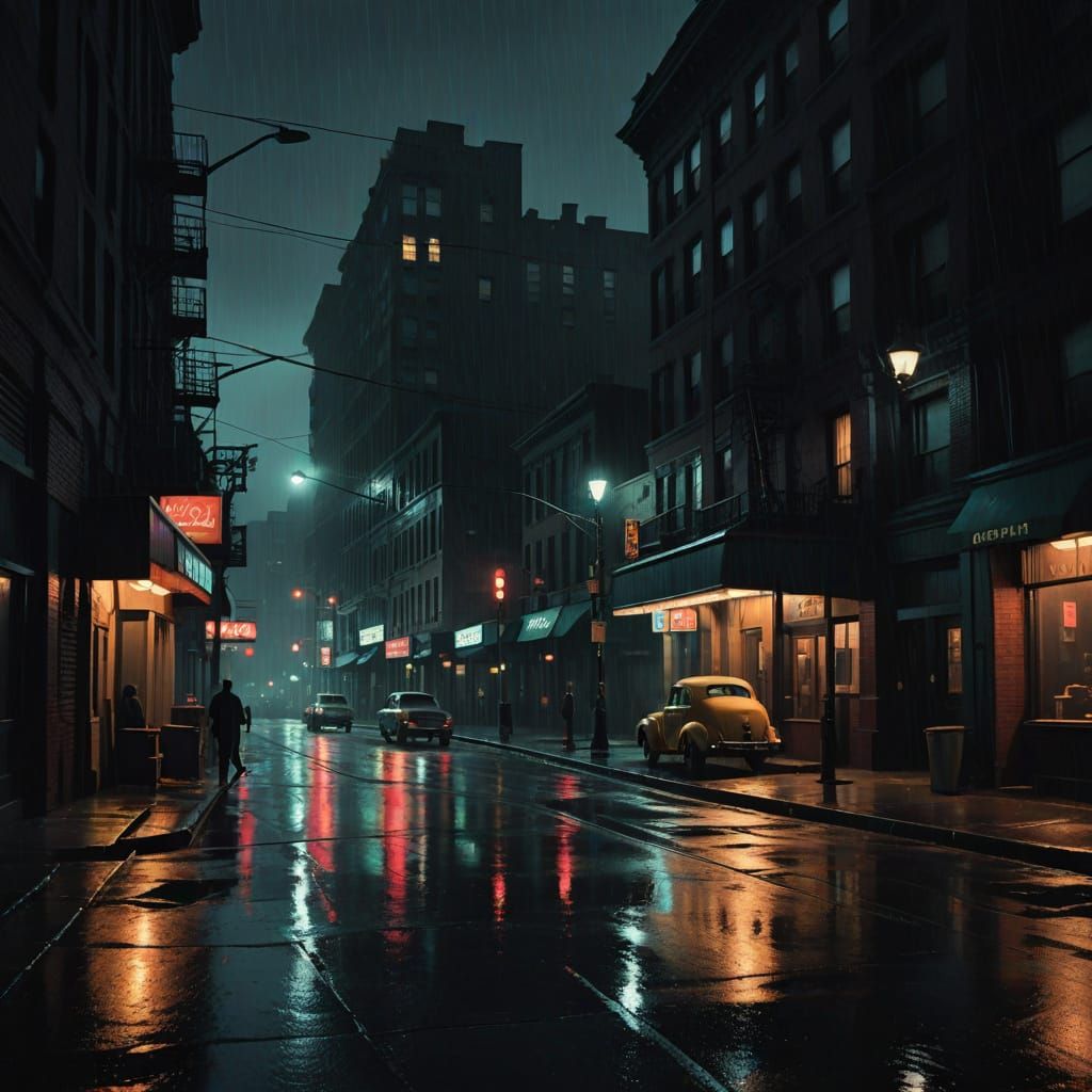 Film Noir Cityscape with Neon Lights