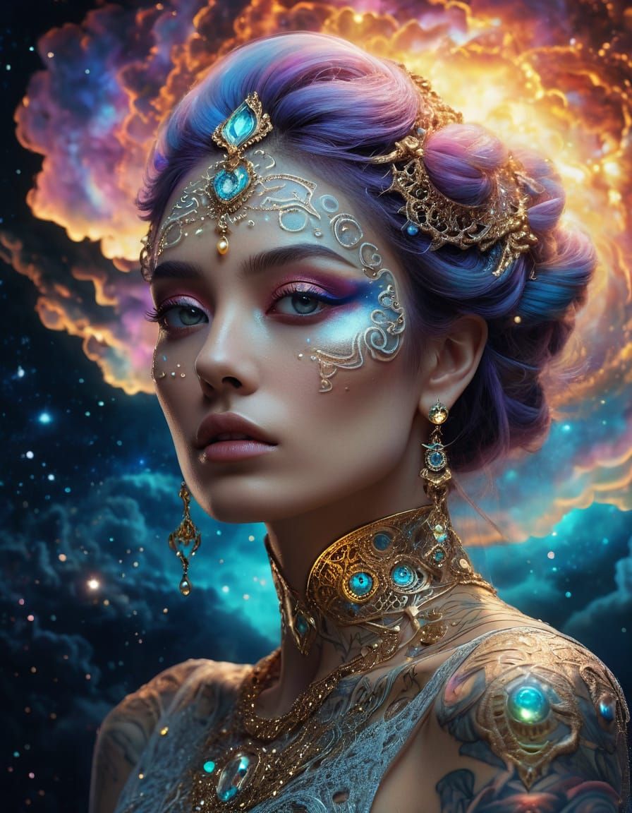 Ethereal Woman Adorned With Pearls and Gold Filigree in Cosm...