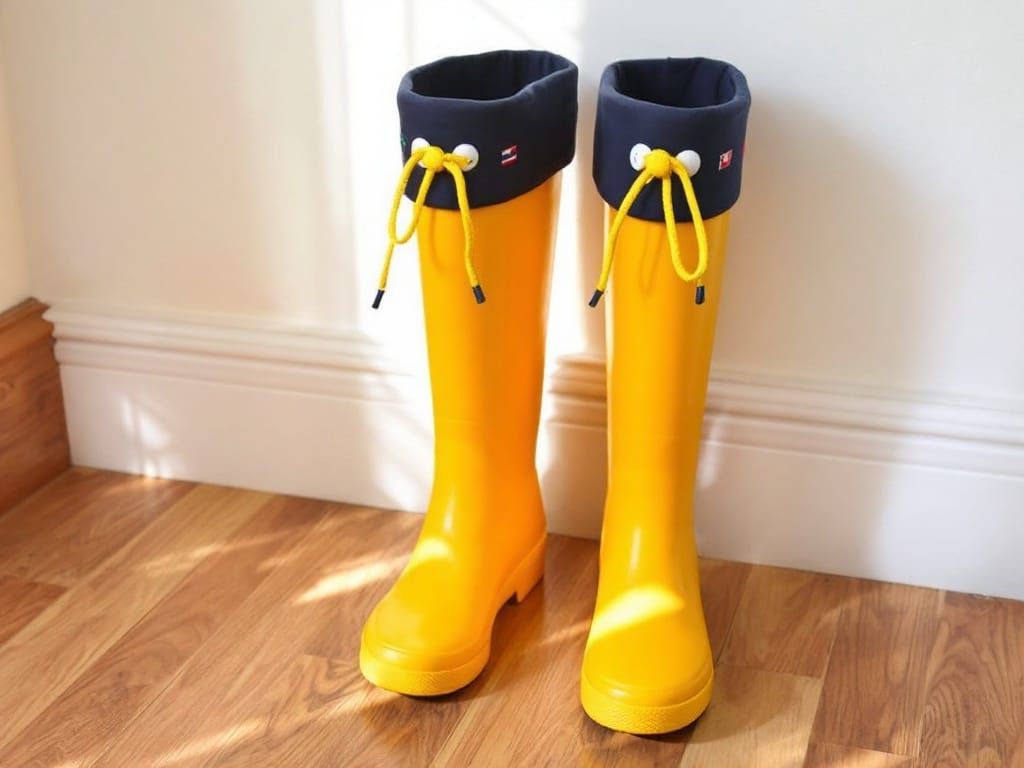 Bright Yellow Rain Boots on Wooden Floor