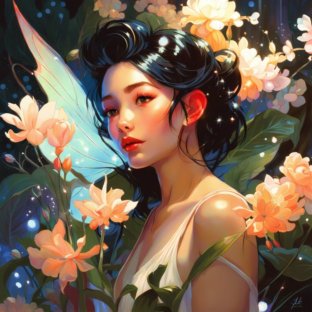 Fairy Appreciating a Blooming Plant in Digital Art