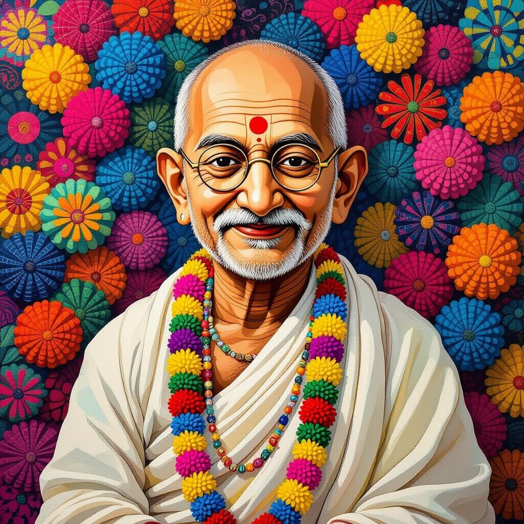 Gandhi Amidst Colorful Pom Poms in Vibrant Artistic Style