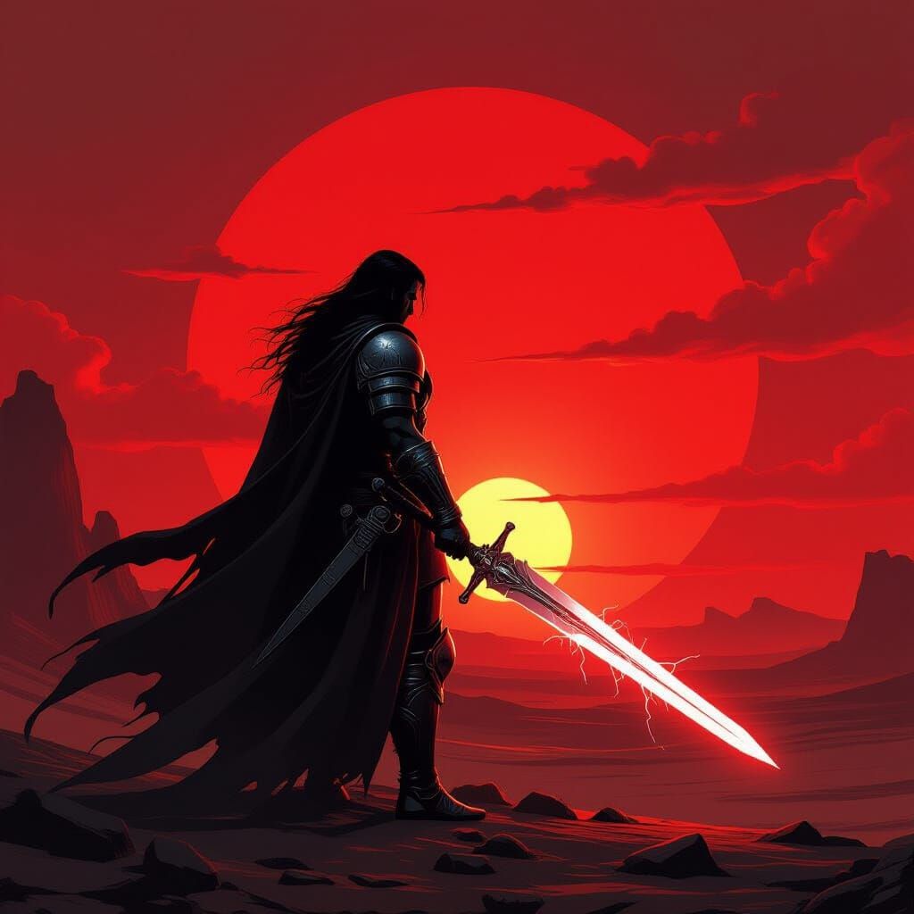 Epic Warrior Silhouette Against Blood-Red Sunset