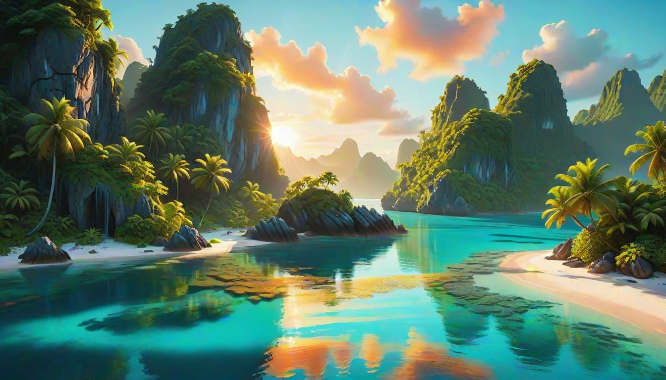 Serene Sunrise Over Tropical Island Lagoon