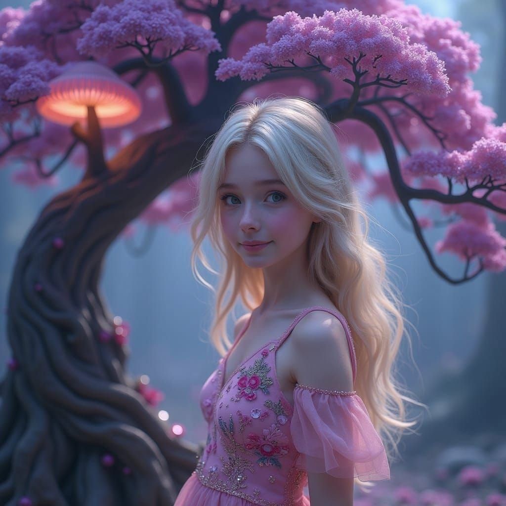 Dreamy Girl Under Purple Bonsai: Fantasy Art