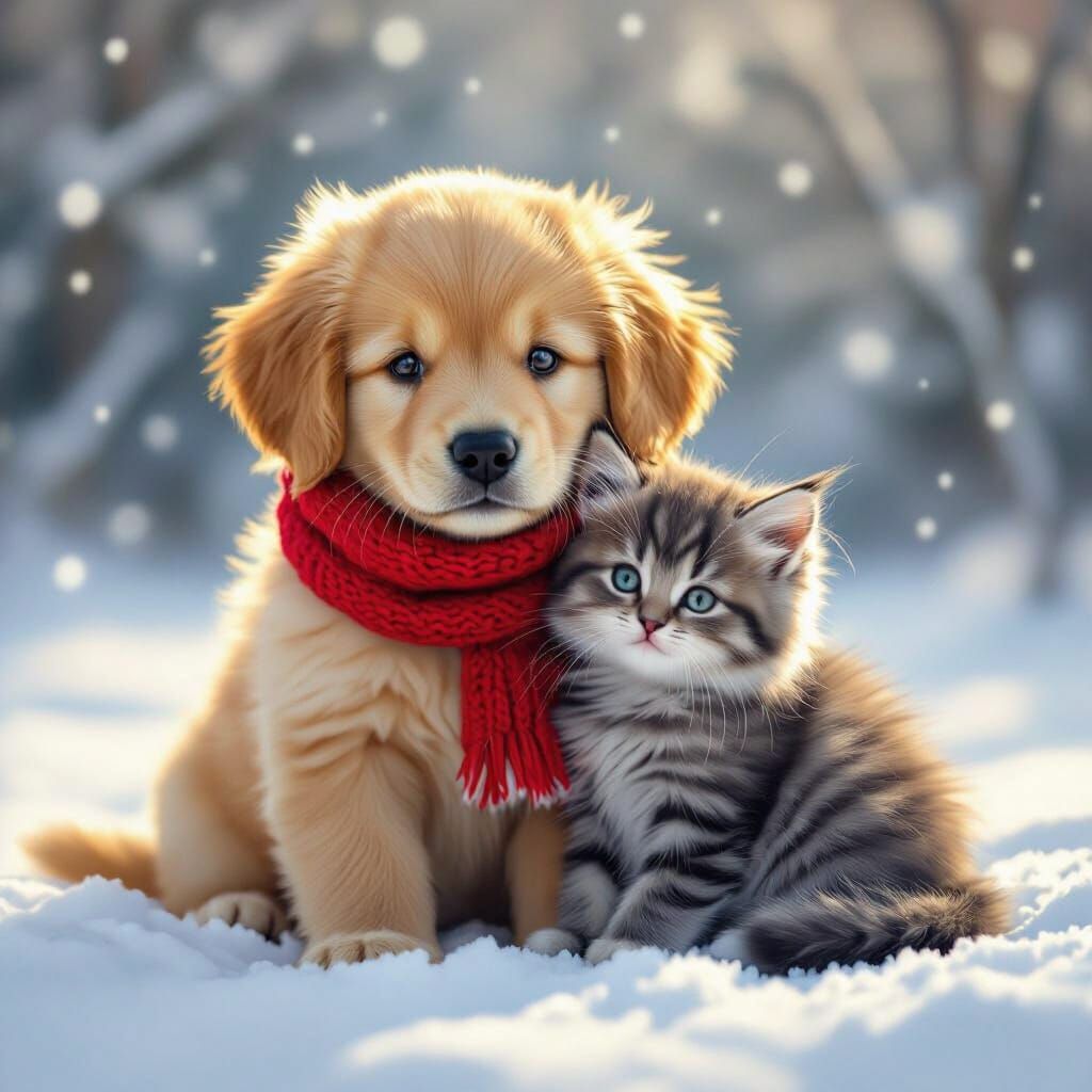 Fluffy Dog and Kitten in Snowy Winter Scene