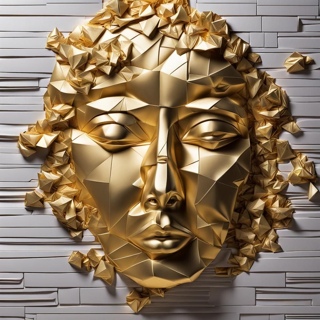 Golden Bas Relief Face with Colorful Collage