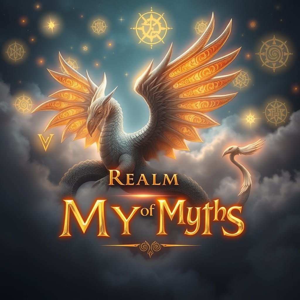 Mystical Creature in Ethereal Landscape with Runic Symbols