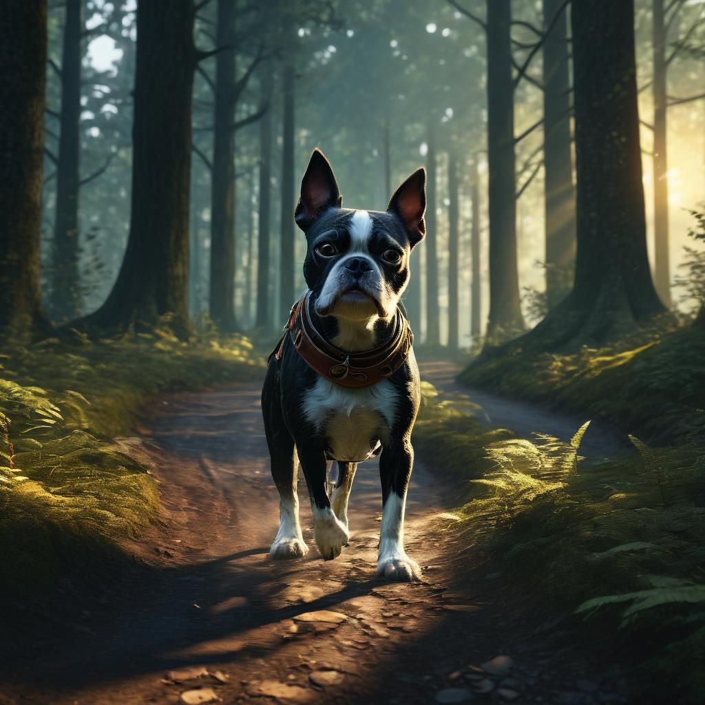 Boston Terrier in Forest: Detailed Matte Painting