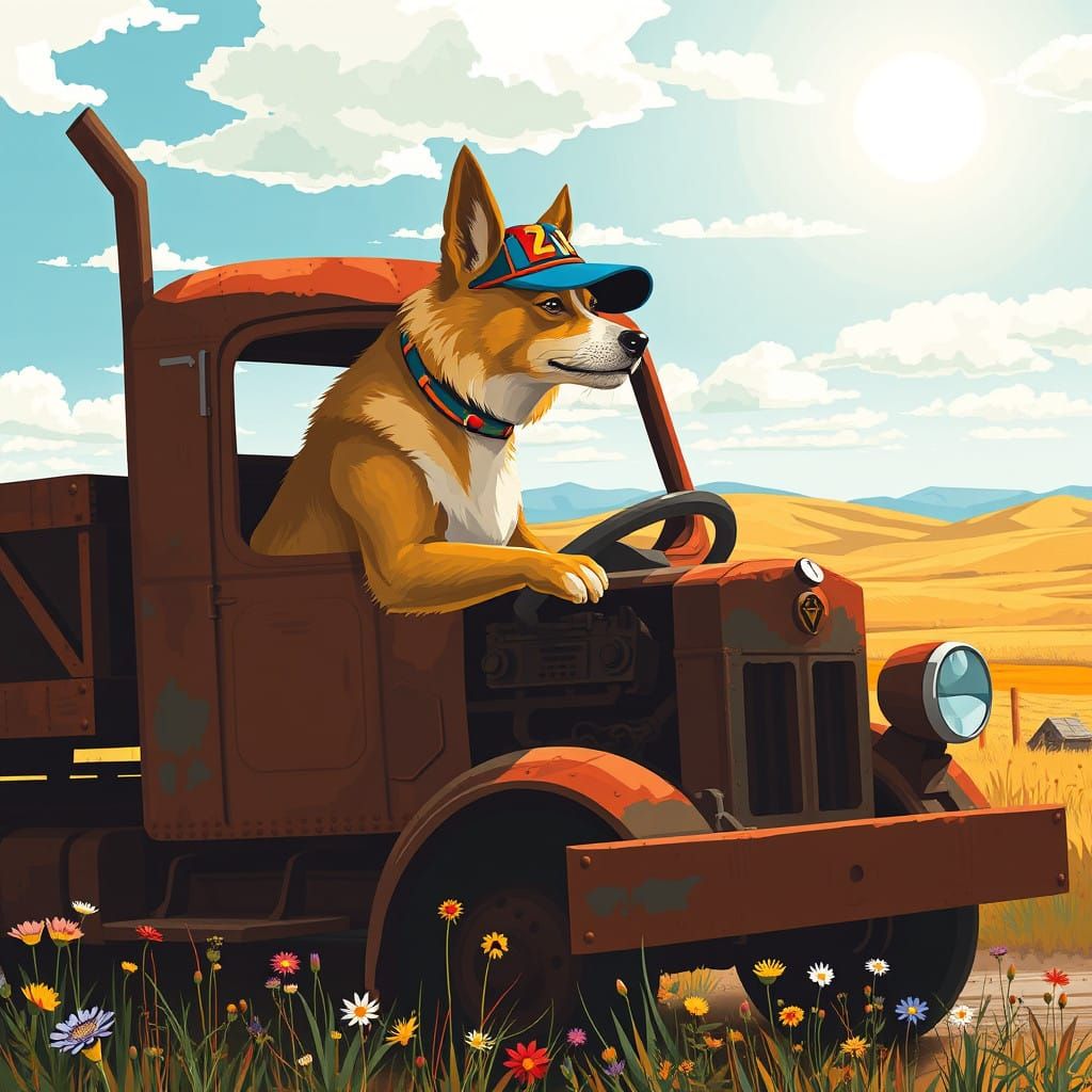 Canine Truck Driver on the Steppe in Primitivist Style
