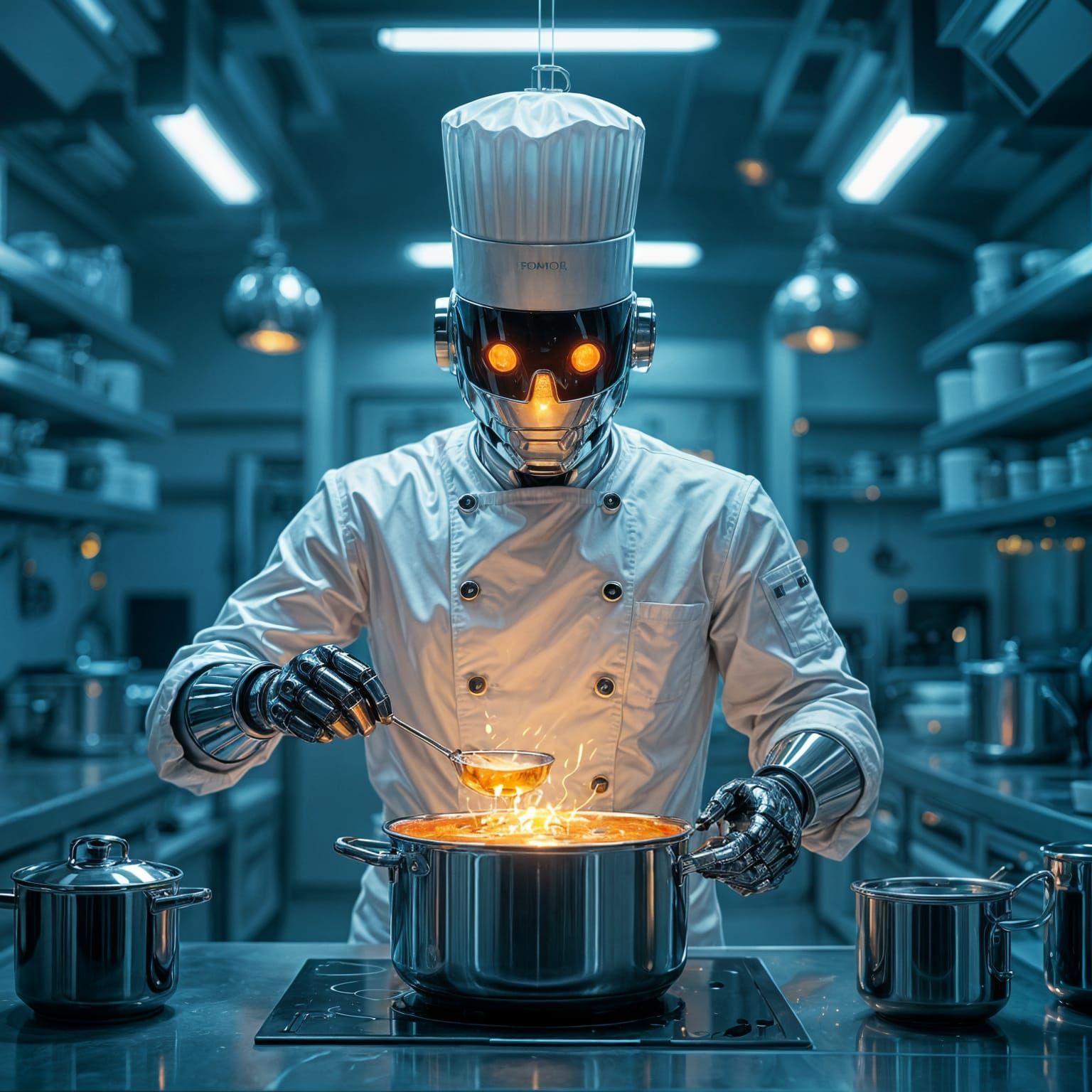 Futuristic Chrome Robot Chef in a Kitchen