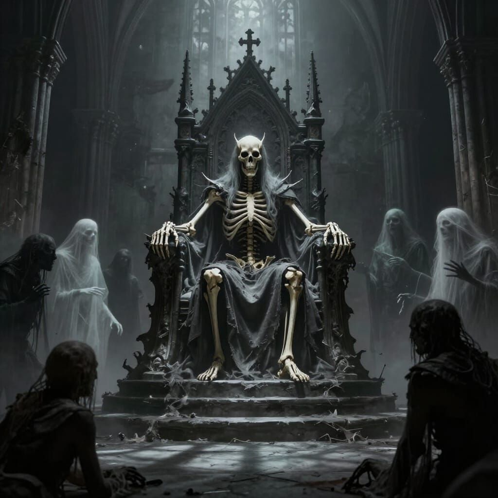 Skeletal Overlord on Gothic Throne with Lost Souls in Dark F...