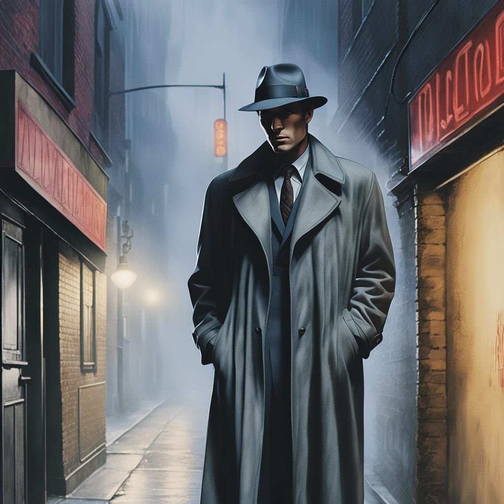 Noir Detective in Rainy Alleyway with Neon Lights