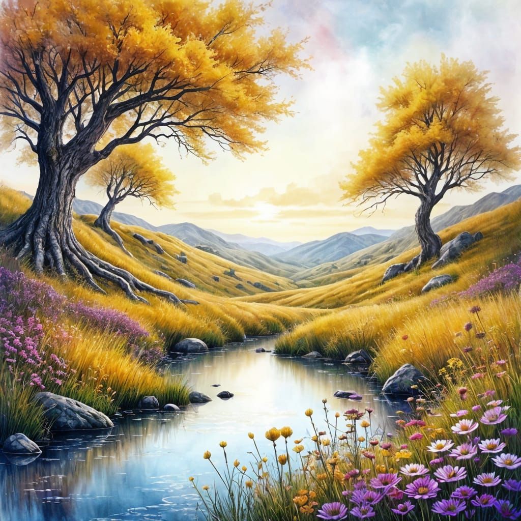 Surreal Landscape with Calm Serenity in Vibrant Watercolor