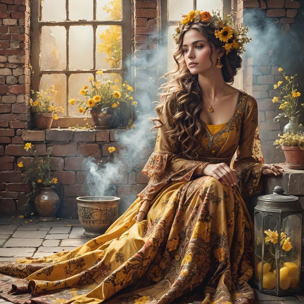 a stuning   woman sitting on the floor of a room with a bric...