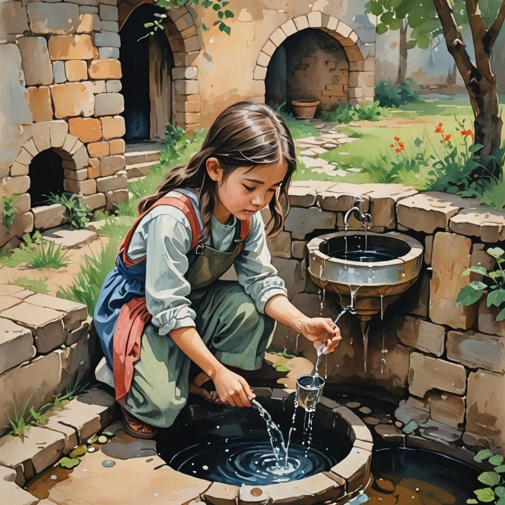 Cute Girl Drawing Water from Well: Gouache Painting