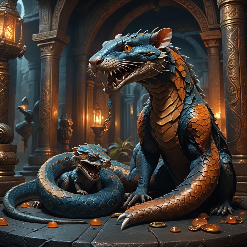 Mystical Rat-Snake Creature in Ancient Temple