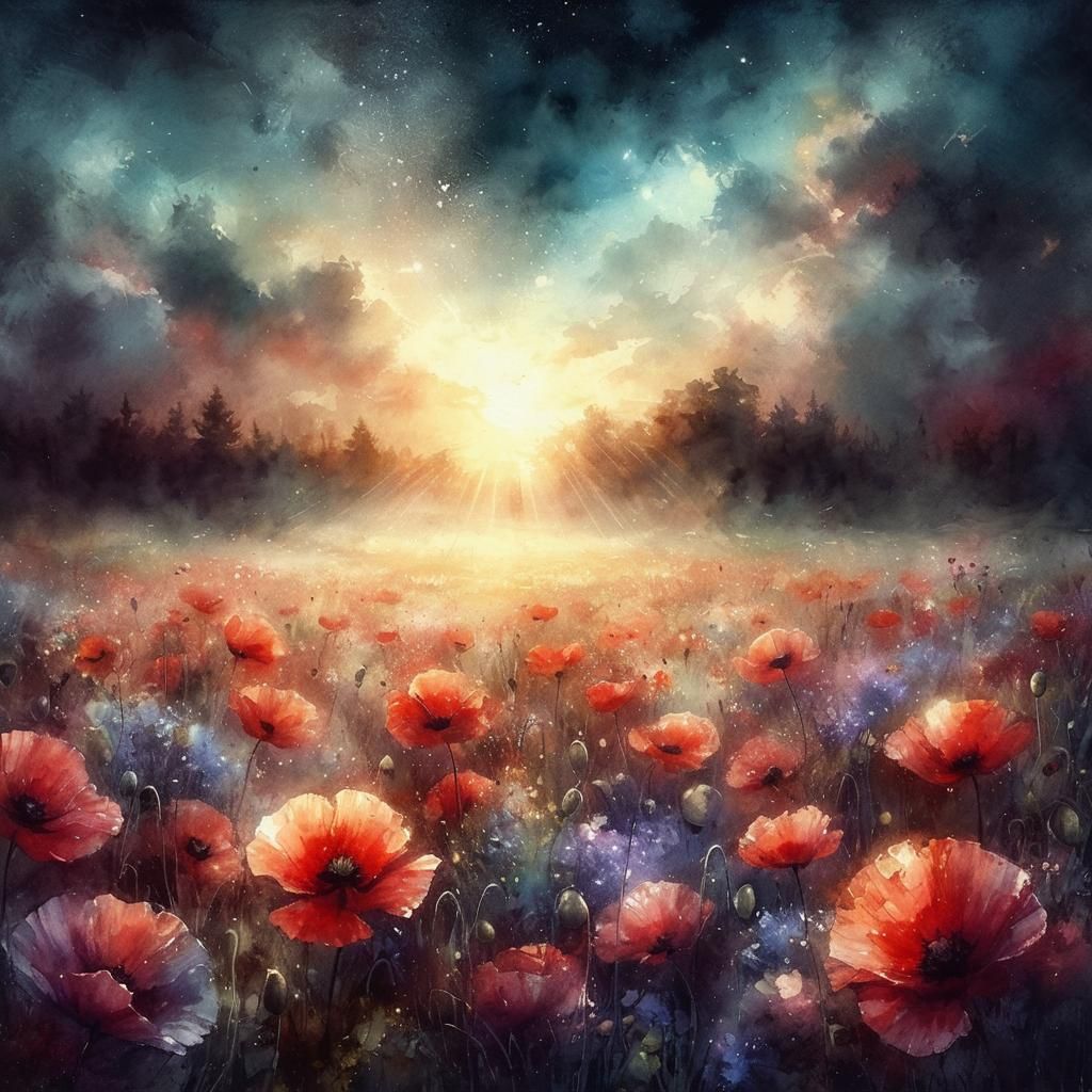 Magical Poppy Field: Watercolor and Oil Painting
