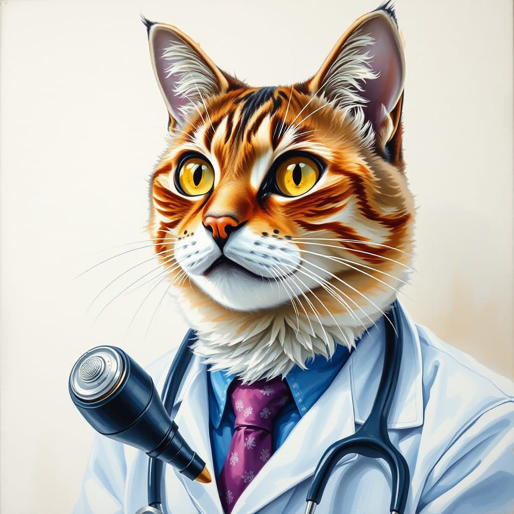 Gouache Masterpiece of a Regal Feline Doctor