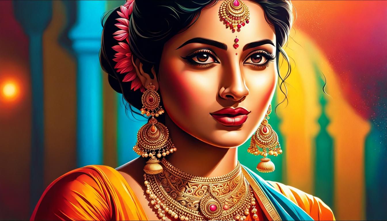 Hyperrealistic Bengali Woman in Saree, Splash Art