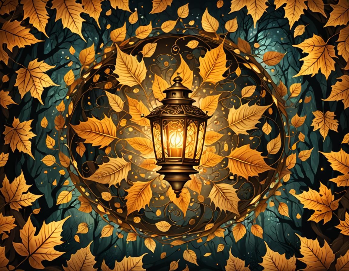 Golden Autumn Leaves Swirl Around Lantern