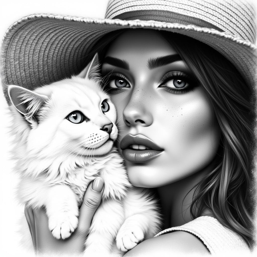 Charcoal Portrait of a Woman with a Fluffy Cat in a Straw Ha...