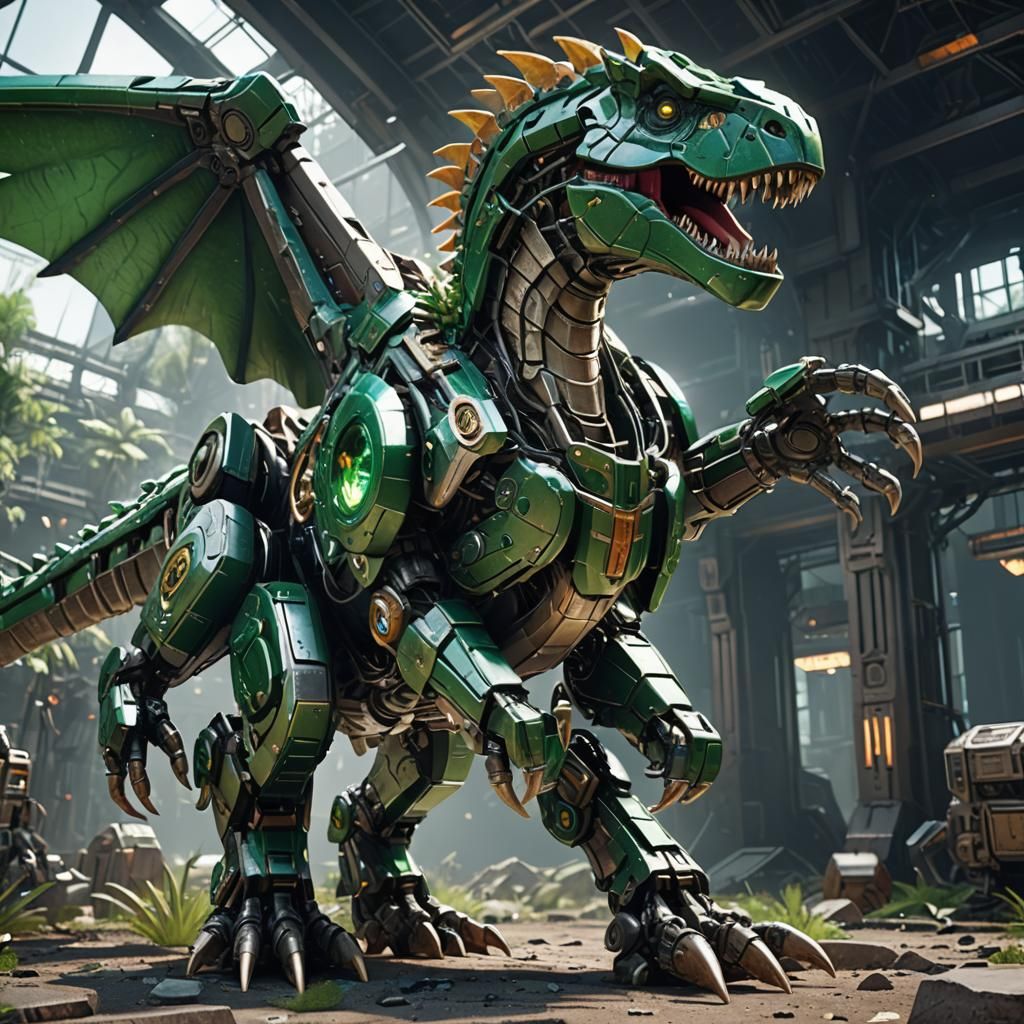 Emerald Dinosaur with Mechanical Details in Sci-Fi Style