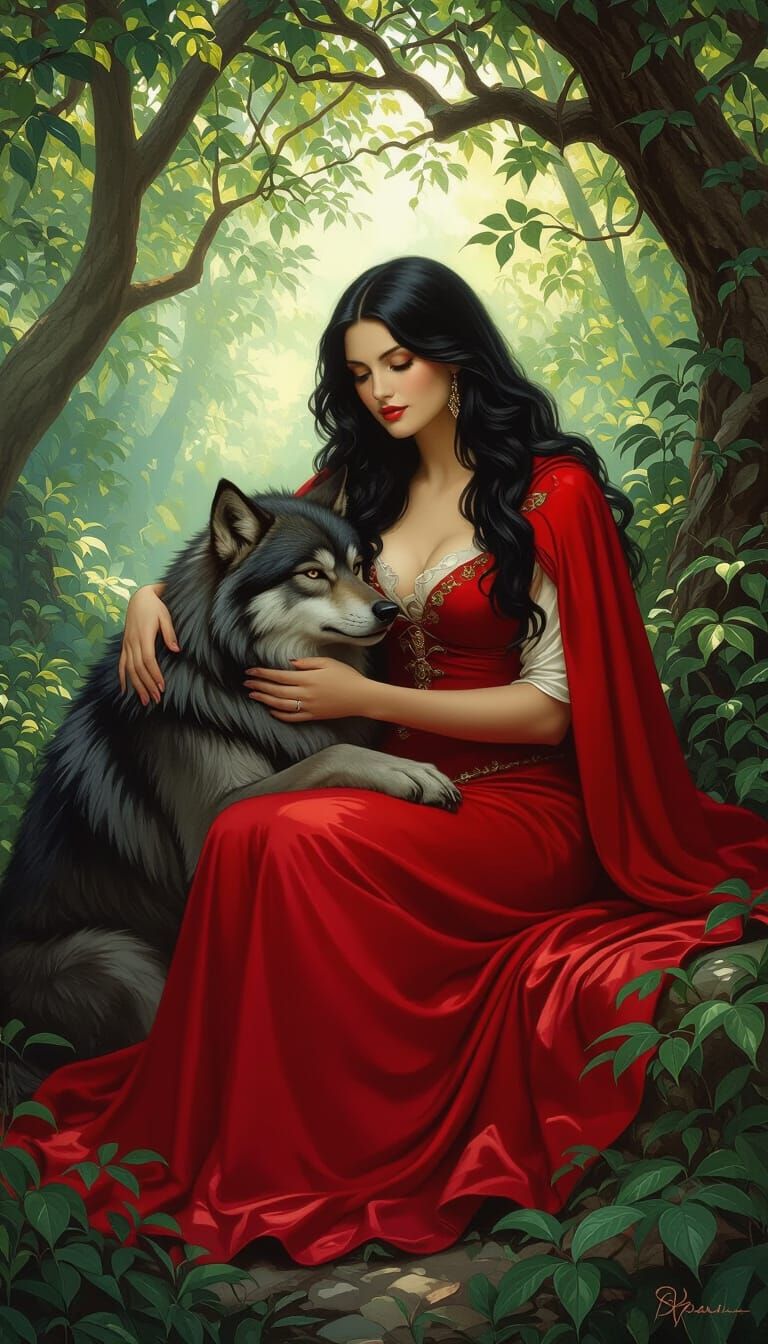 Woman Caresses Werewolf in Enchanting Forest Scene