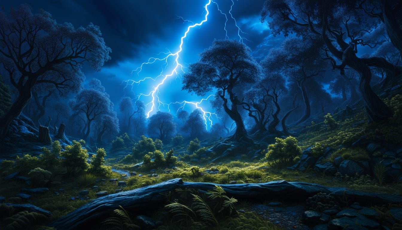 Electric Blue Lightning Storm Illuminates Ornate Forest